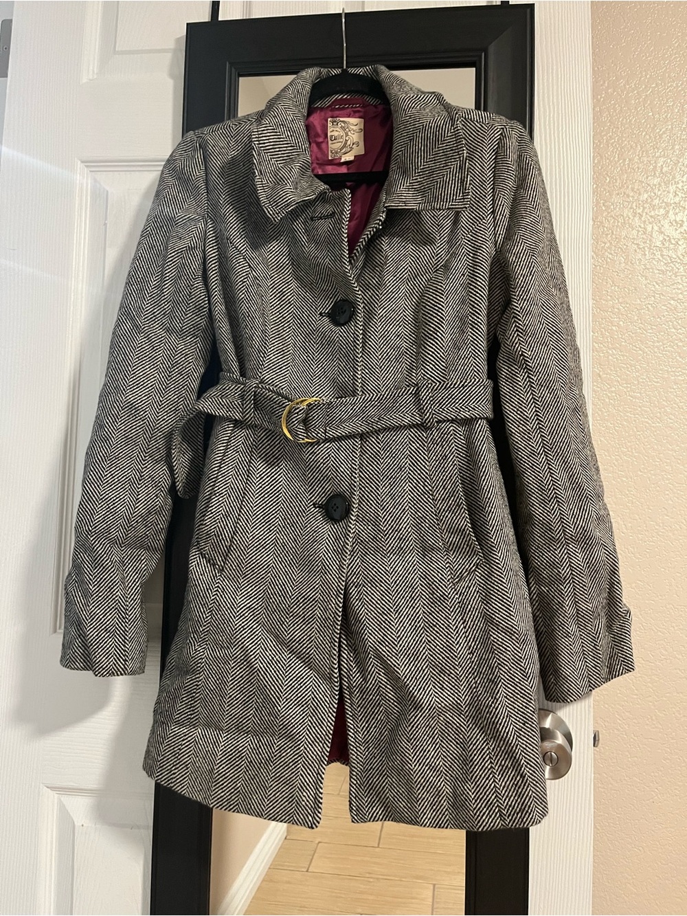 Tulle Gray Herringbone Belted Trench Coat with Gold Buckle